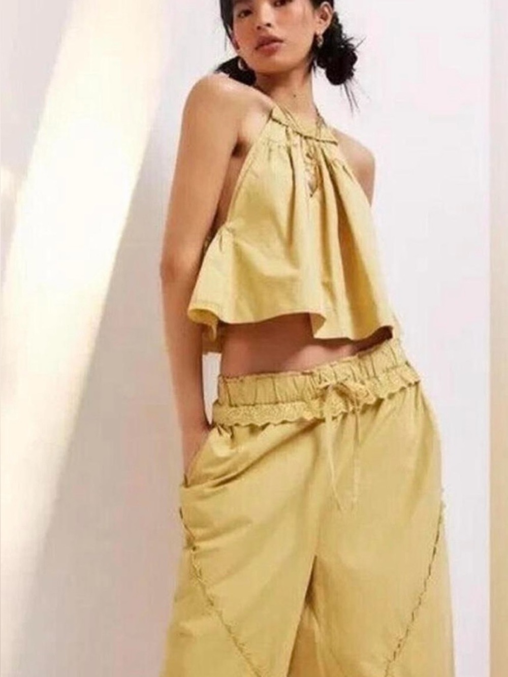 Free People Mustard Yellow Cropped Halter Top & Wide Leg Pants Set